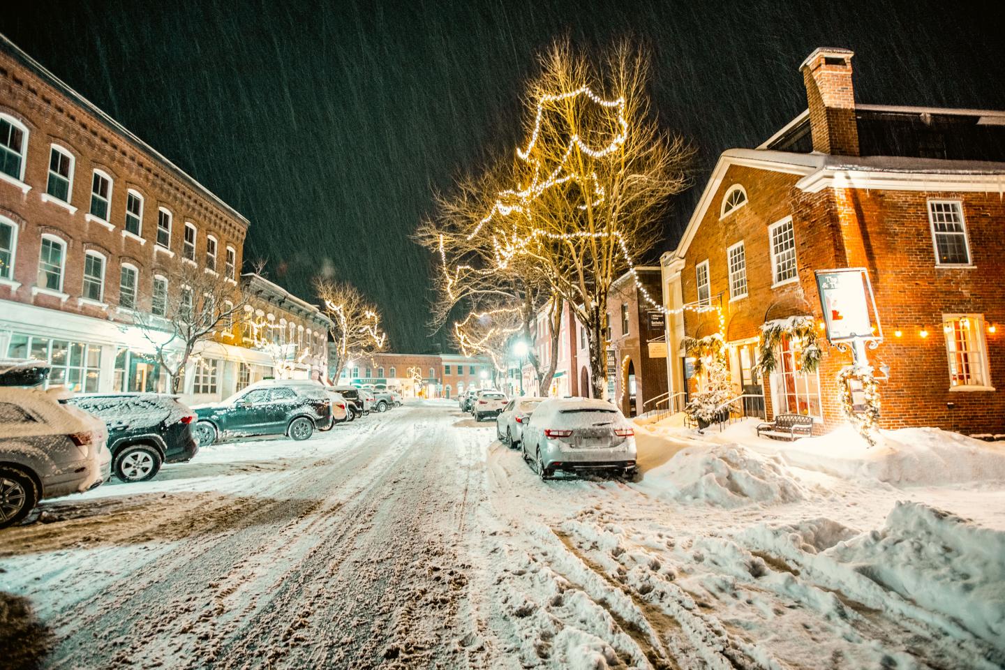 Elm Street with snow and Christmas lights