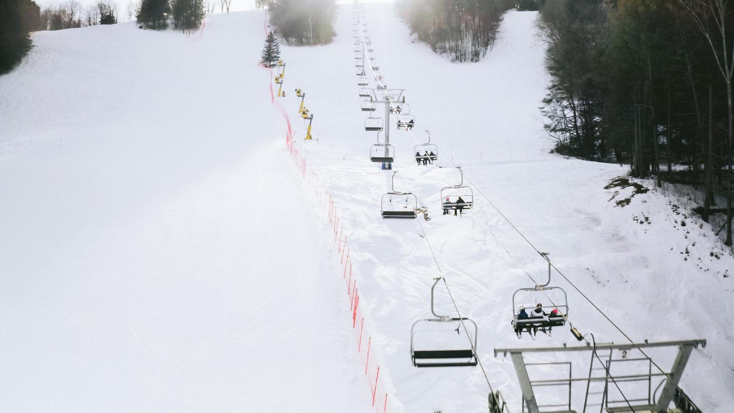 Drone image of Saskadena Six ski area quad chairlift