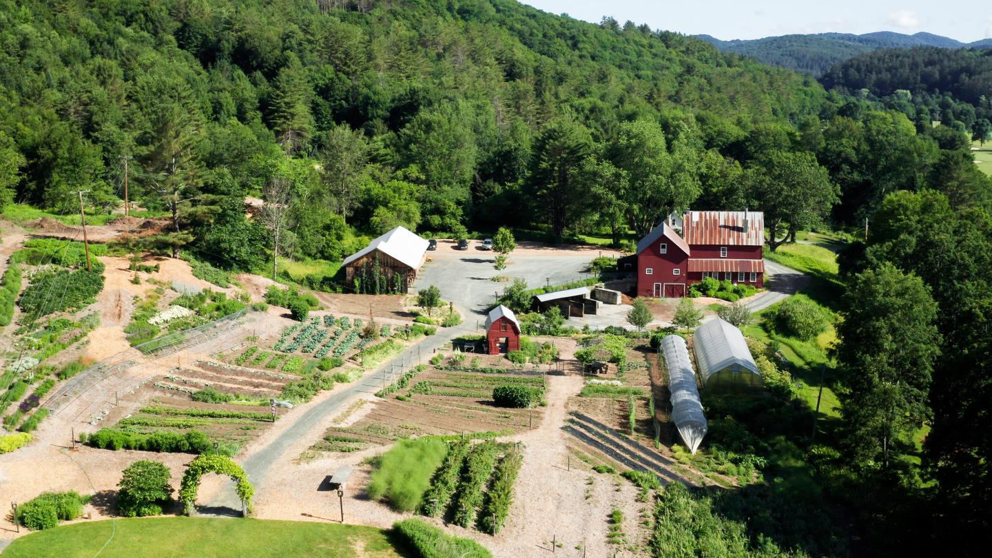 Drone image of Kelly Way Gardens rows of produce with red barn behind them