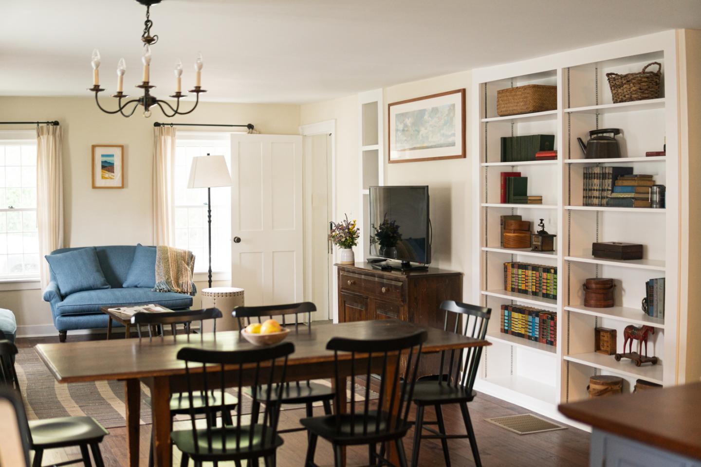 Morgan House dining table and view of bookshelves
