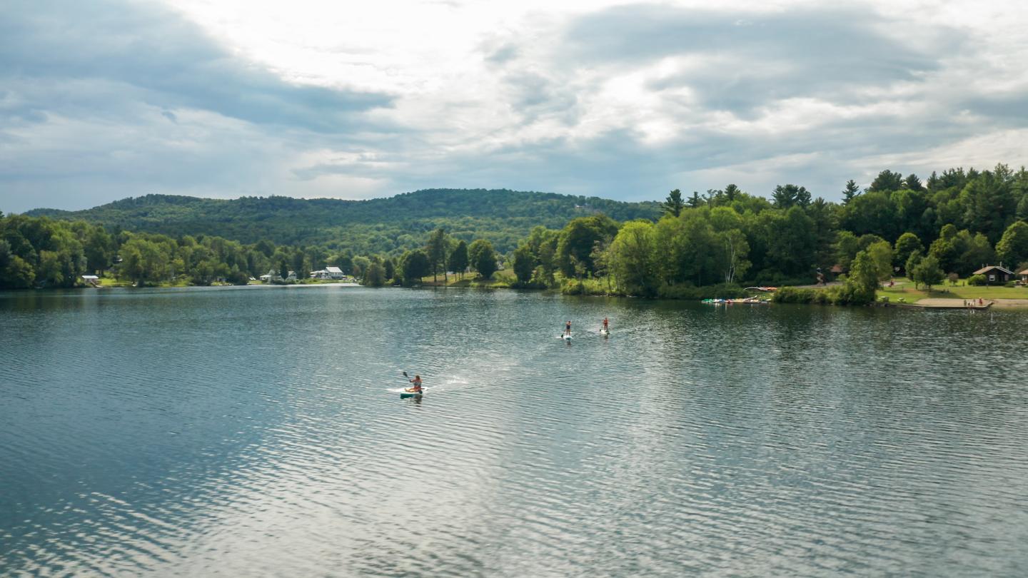 Drone view of 3 Boats on Silver Lake in Barnard Vermont