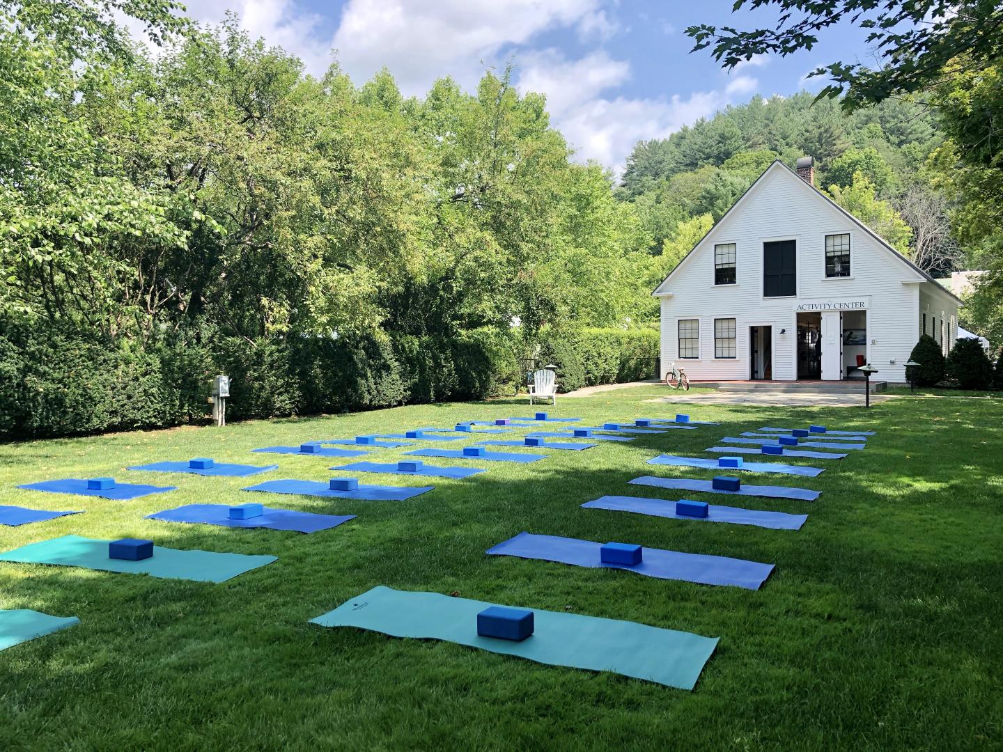 Yoga mats on the outdoor lawn at the woodstock inn