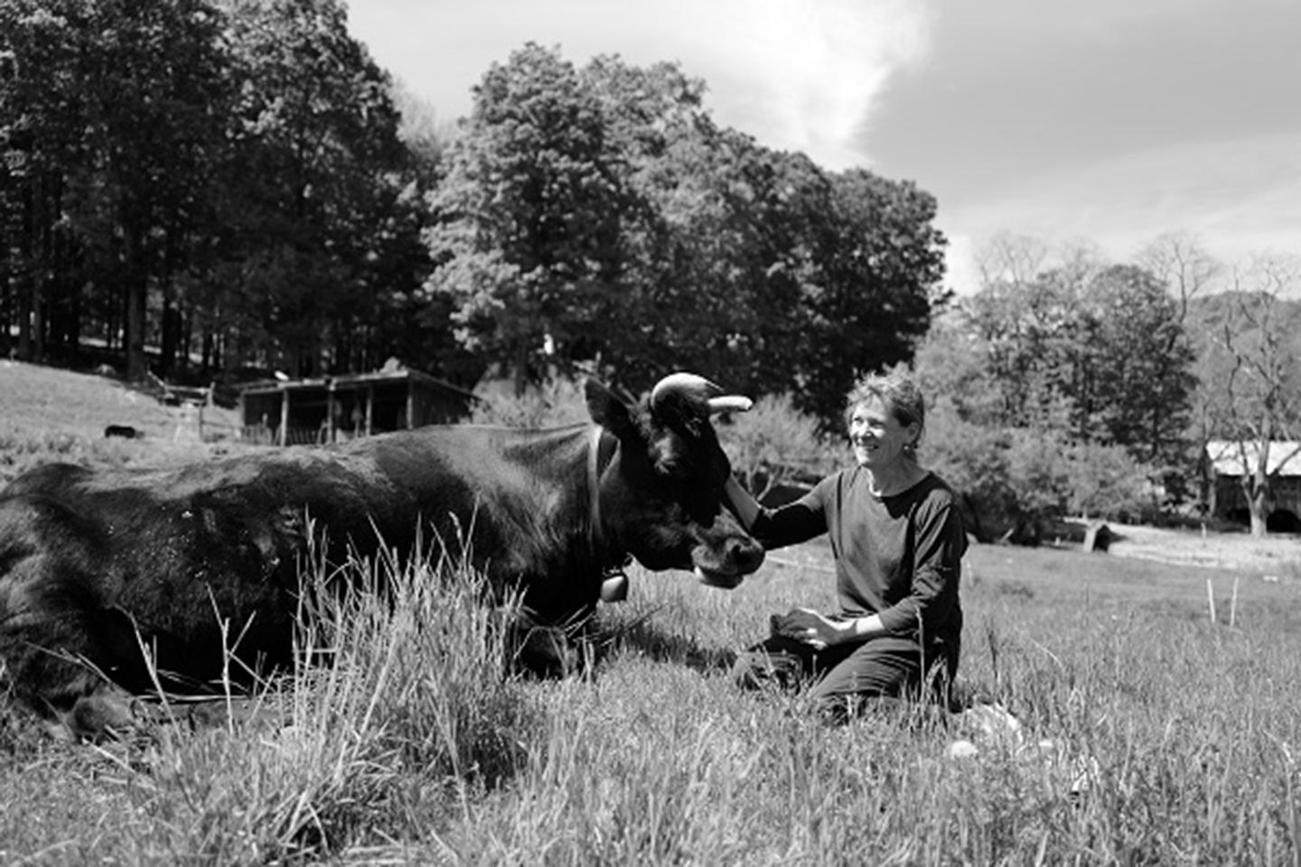 black and white photo of a female farmer with a cow