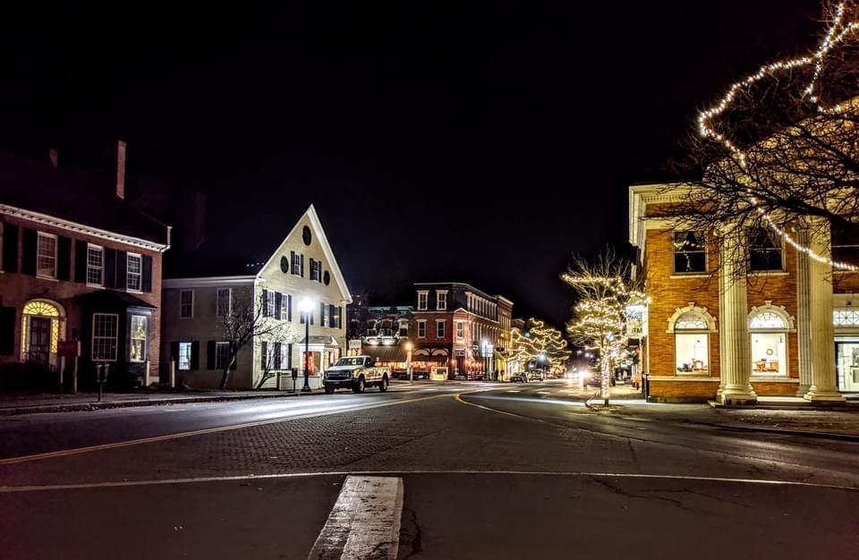 Village of Woodstock Vermont with quiet streets and holiday lights