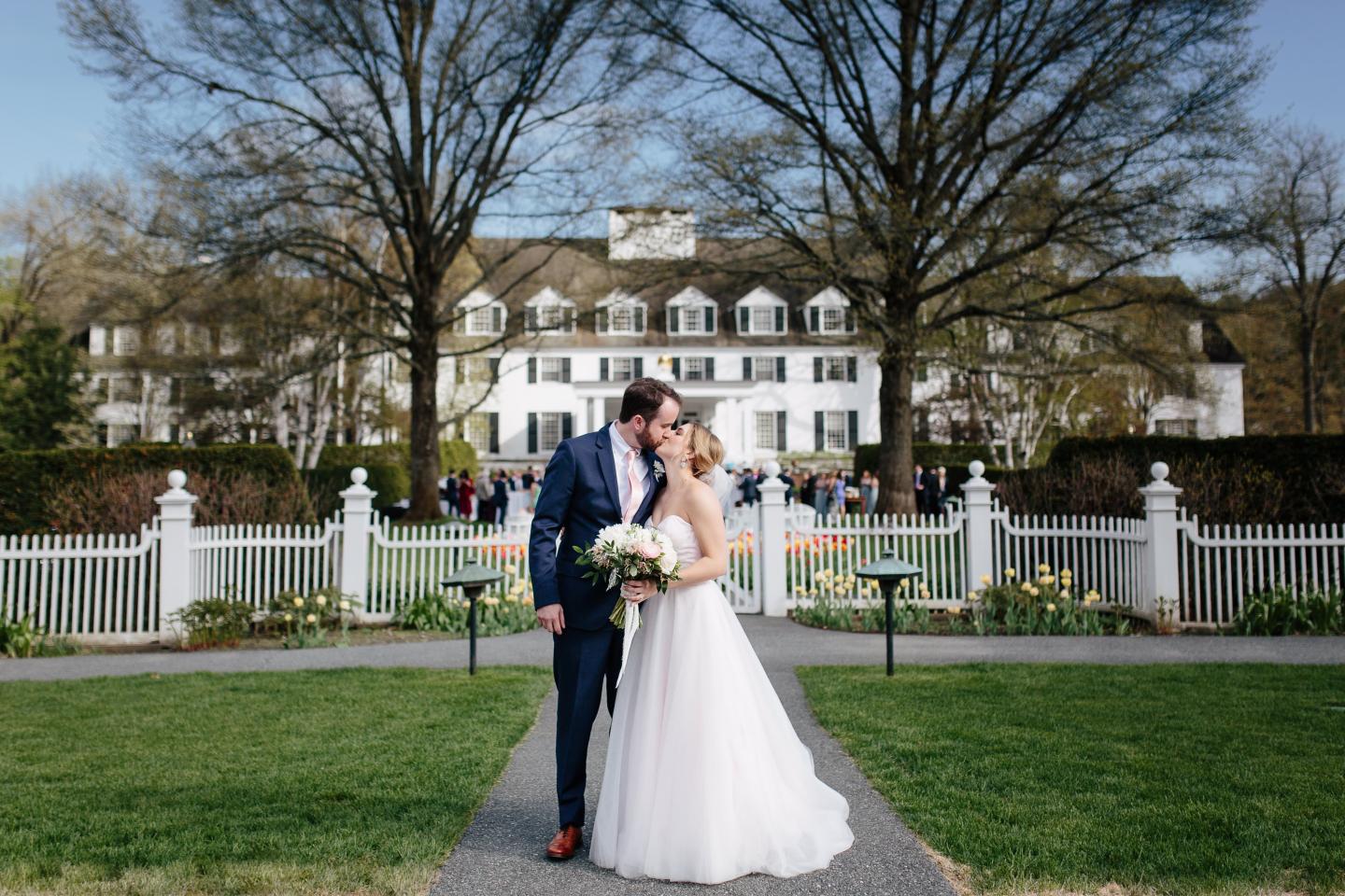 Bride and Groom in front of the Woodstock Inn