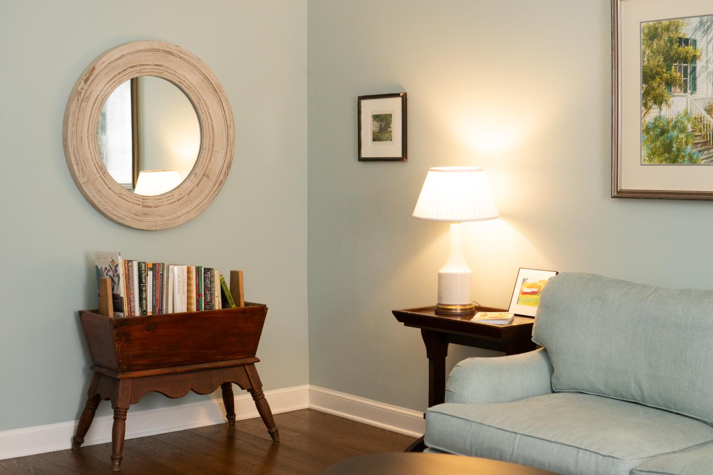 Guestroom with sofa and bookcase