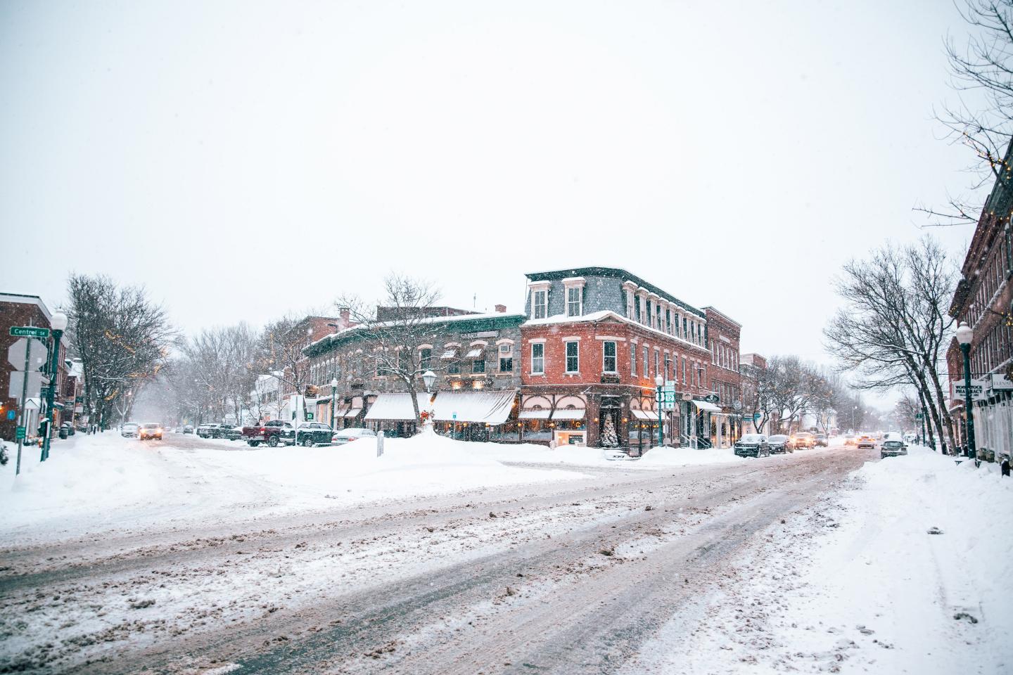 Woodstock Vermont Village with snowy streets
