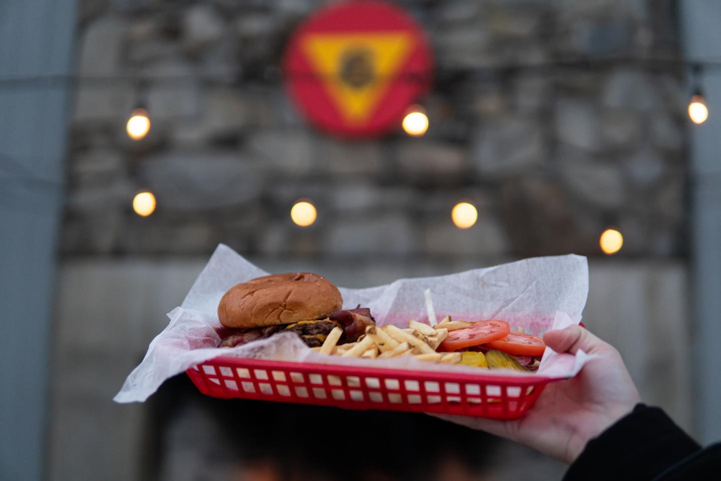 Basket of burger and french fries at Saskadena Six