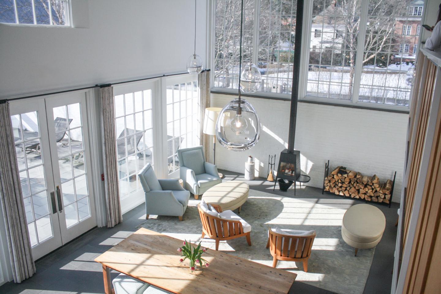 Spa great room with tulips on the table and morning light