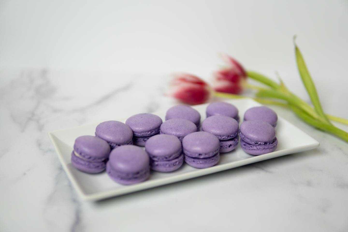 Lavender Macaroons arranged on a plate