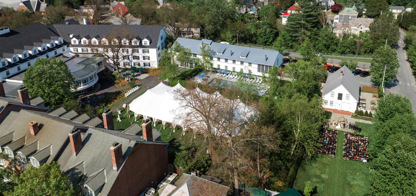 Bird's Eye view of the Inn with a tent on the back lawn
