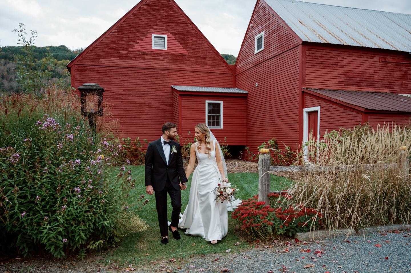 Bride and Groom by Red Barns at Kelly Way Gardens
