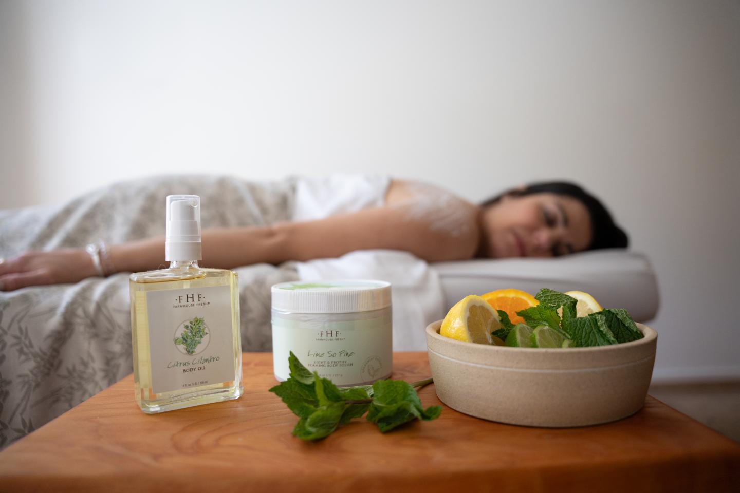 Citrus spa products lined up for use in spa treatment