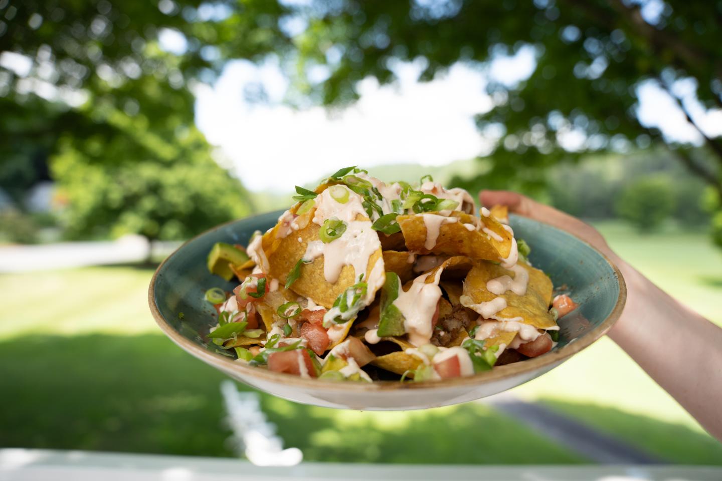 Nachos with the golf course in the background