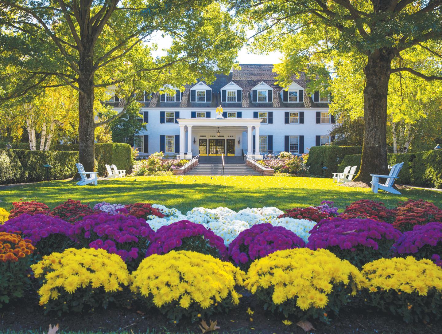 Elegant white building, vibrant garden with colorful flowers, sunny day.