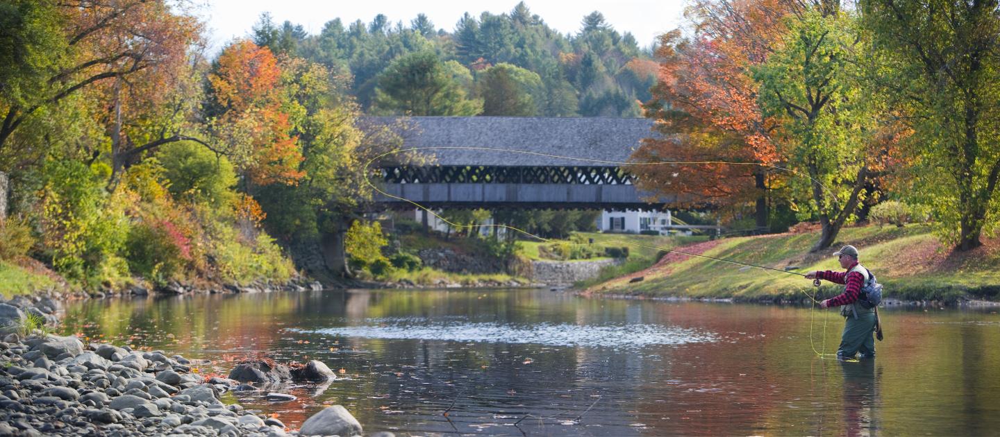 Angler fly-fishing in river with autumn trees and covered bridge in background.