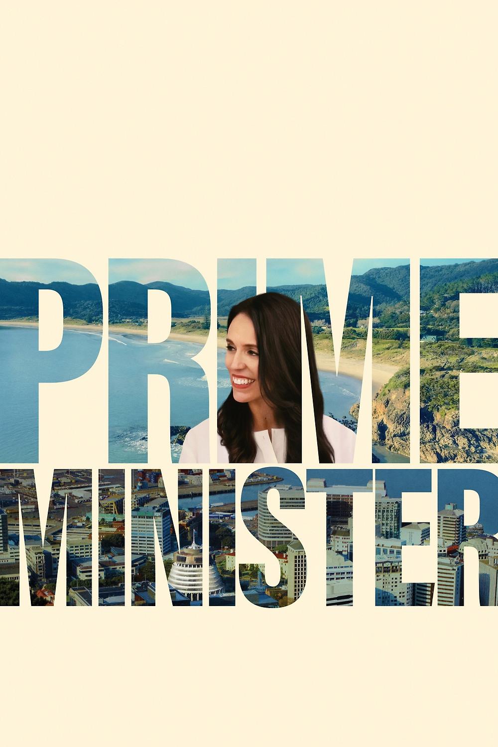 Text "PRIME MINISTER" with scenic photos within letters.