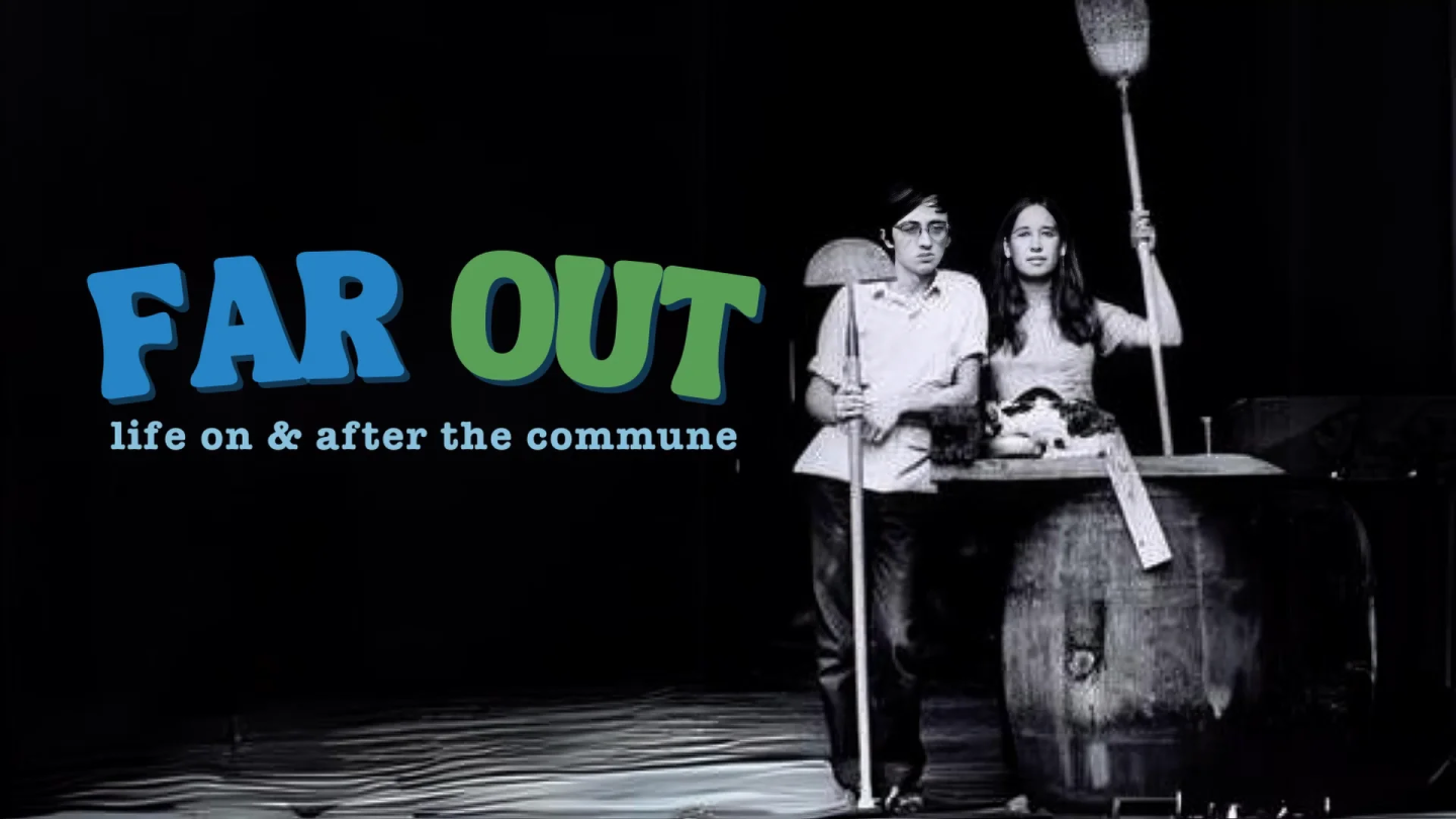 Two people stand with a paddle and barrel on a dark stage. Text: "FAR OUT".