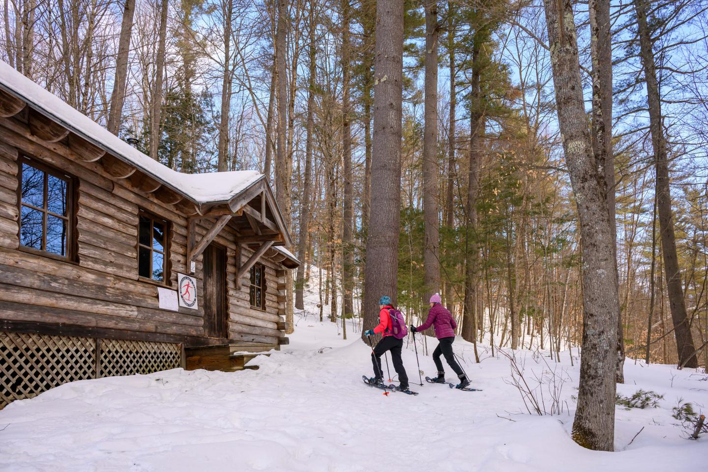 Two people snowshoeing by a snow-covered cabin in a forest.