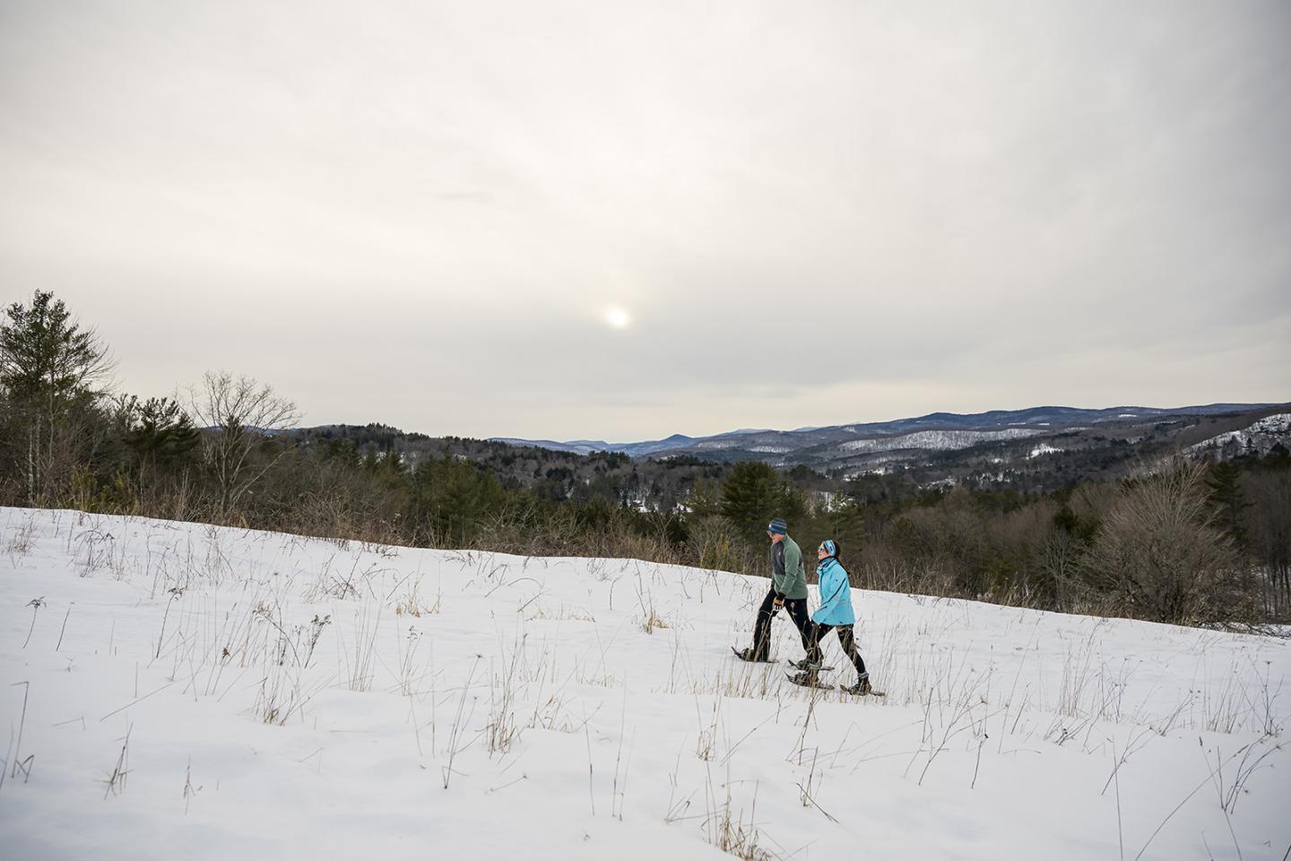 Two people snowshoeing through snowy field under cloudy sky.