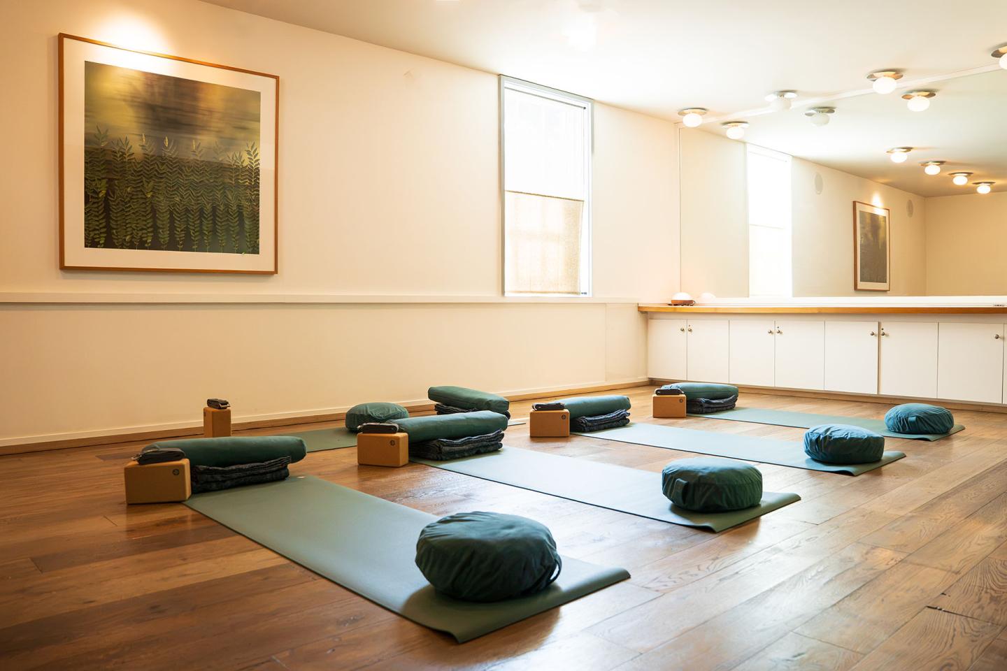 Spa Wellness studio with mats, bolsters, and a serene atmosphere.