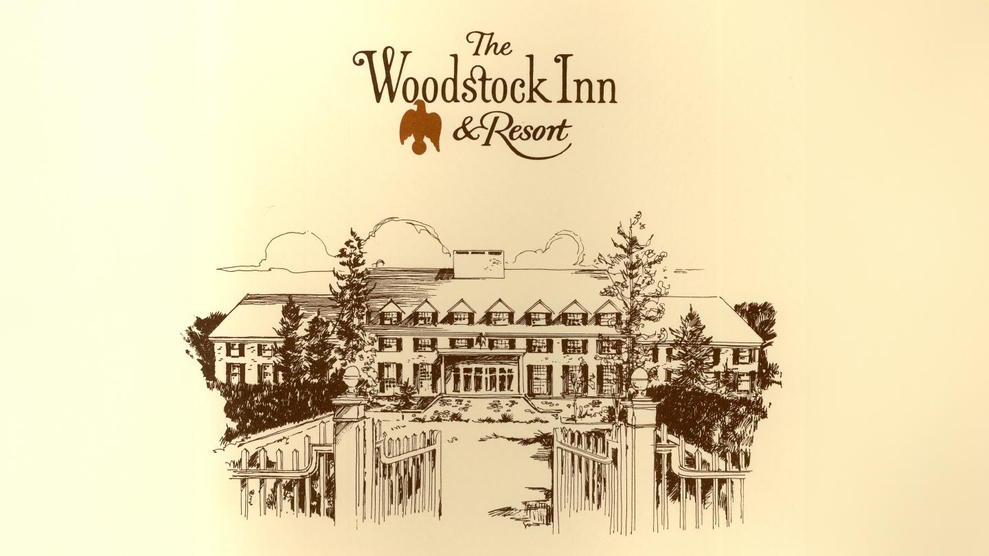 Vintage-style drawing of a large inn with trees and a decorative archway.