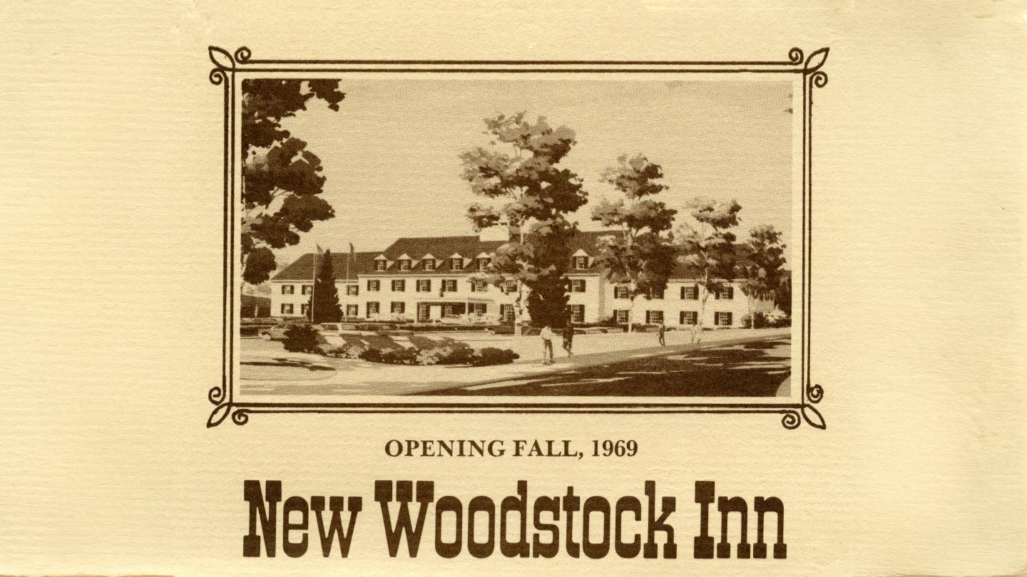 Sepia-tone drawing of a large inn with trees, text reads "New Woodstock Inn."